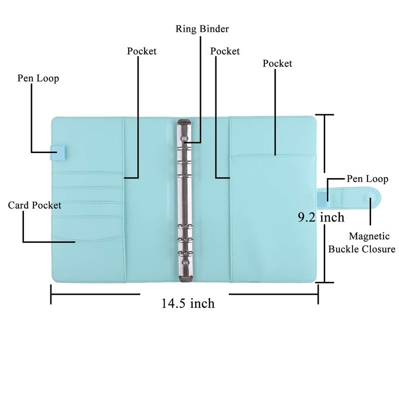 Antner A5 Notebook Binder 6 Ring Refillable Budget Planner Cover for Cash Organizer, PU Leather Loose Leaf Photocard Holder Aesthetic Binder with Magnetic Buckle for A5 Planner Inserts, Mint Blue - Image 2